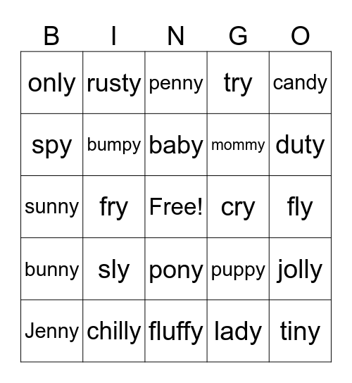 Vowel Y Bingo Card