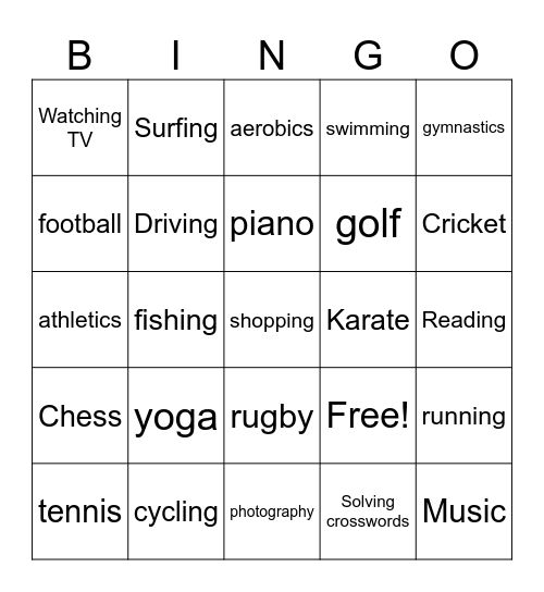 Hobbies and interests Bingo Card