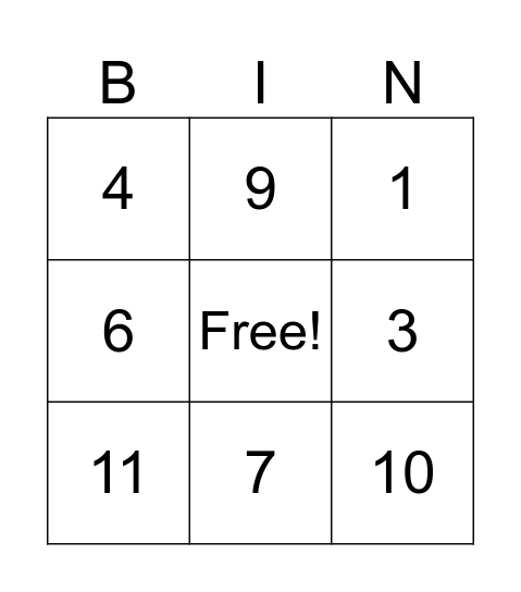 Numbers 1-12 Bingo Card