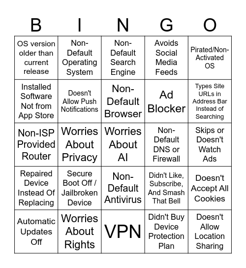 Technology Sins Bingo Card