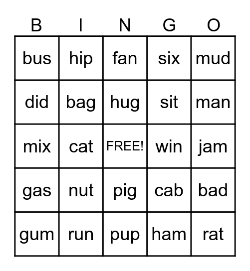 Short a, i, u Bingo Card