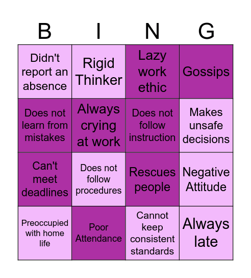 DHI Performance Bingo Card