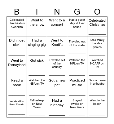 Winter Break Bingo Card