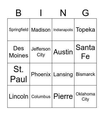 Southwest and Midwest Capitals Bingo Card