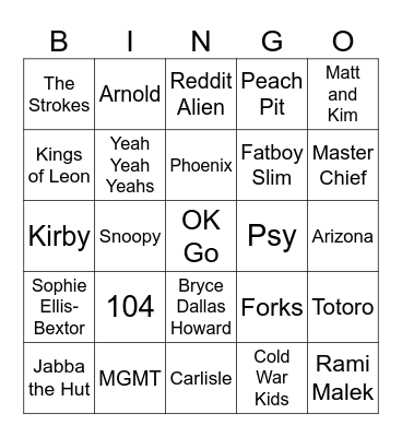 Snow Sculptures, Twilight, & Early 2000s Indie Pop Bingo Card