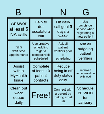 Patient Experience Bingo Card