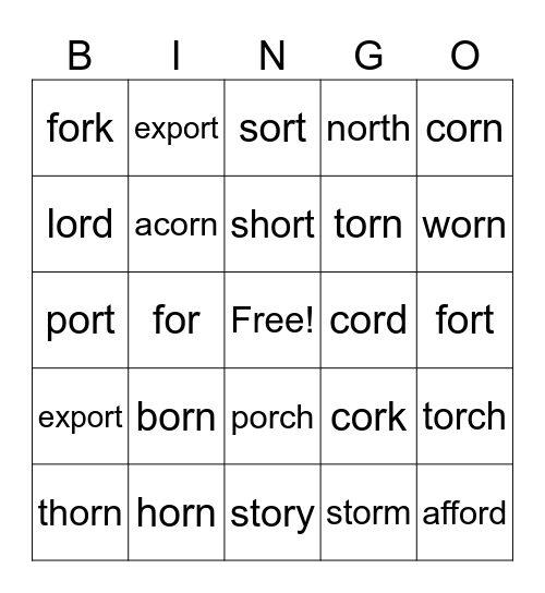 OR Word Bingo Card