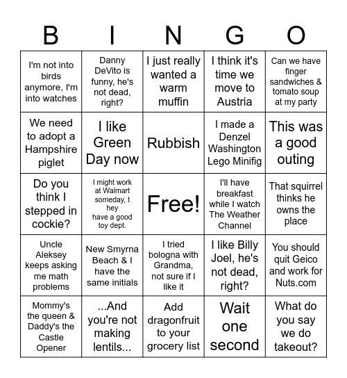 Niko Quotes Bingo Card