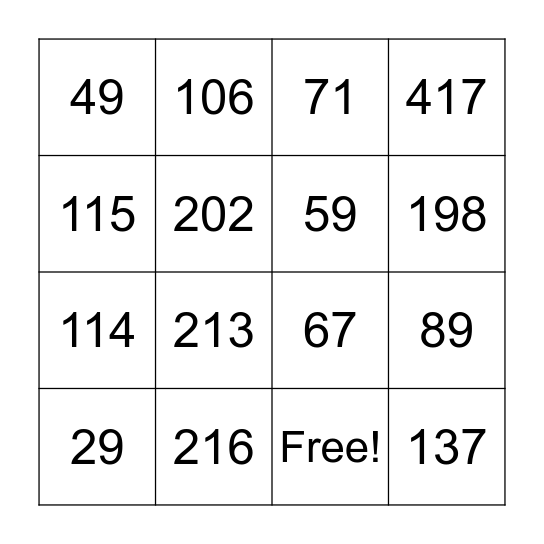 Subtraction Bingo Card