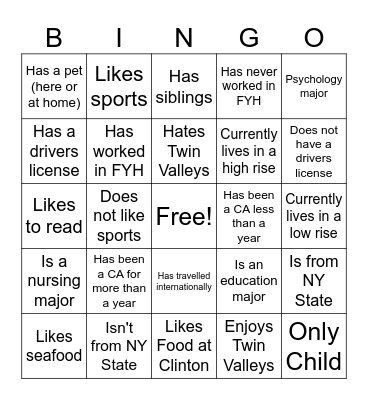 CHAT Form Bingo Card