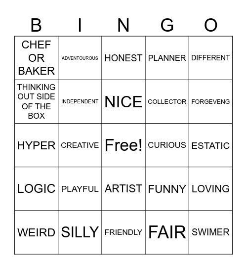 Me Card Bingo Card