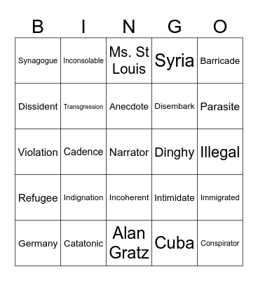 Refugee Novel BINGO Card