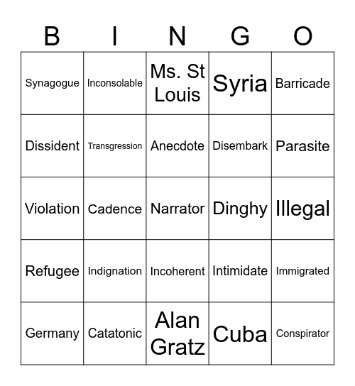 Refugee Novel BINGO Card