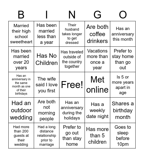 Find the Couple Who... Bingo Card