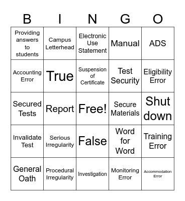 State Test Security Bingo Card