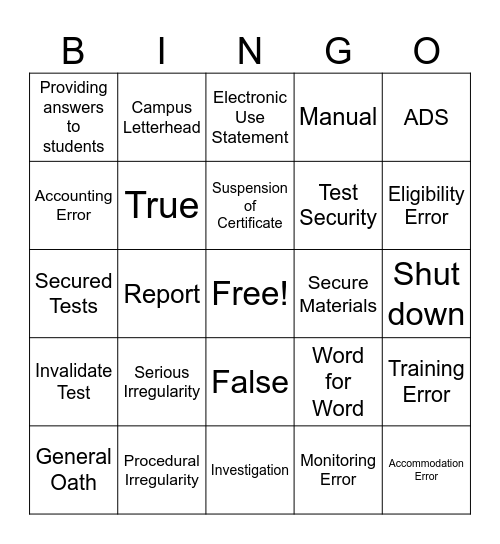 State Test Security Bingo Card