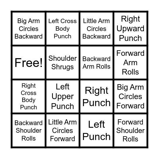 Upper Extrimity Exercise Bingo Card