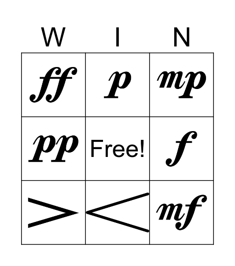 Dynamics Symbol Bingo Card