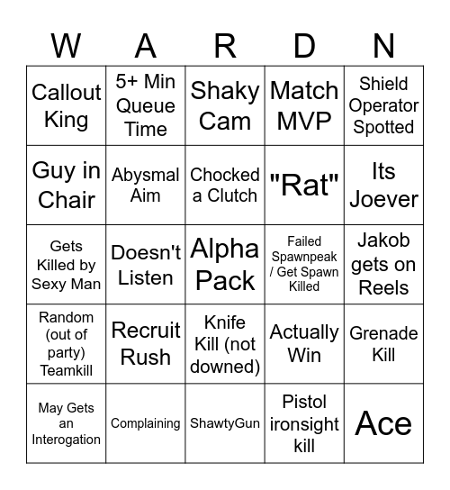 R6 PEE Bingo Card