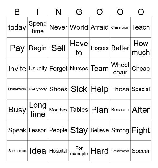 Unit 2 vocabulary Bingo Card