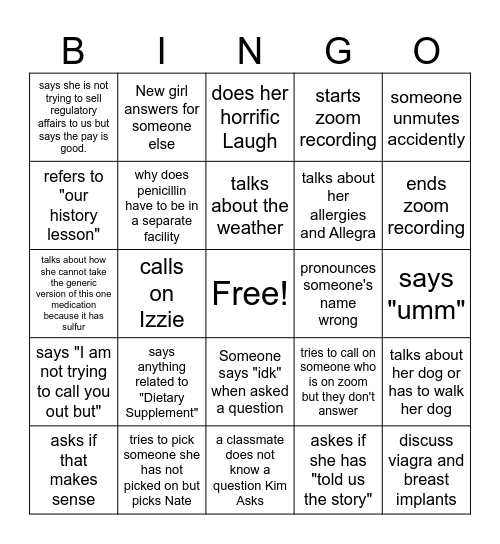 Class Bingo Card