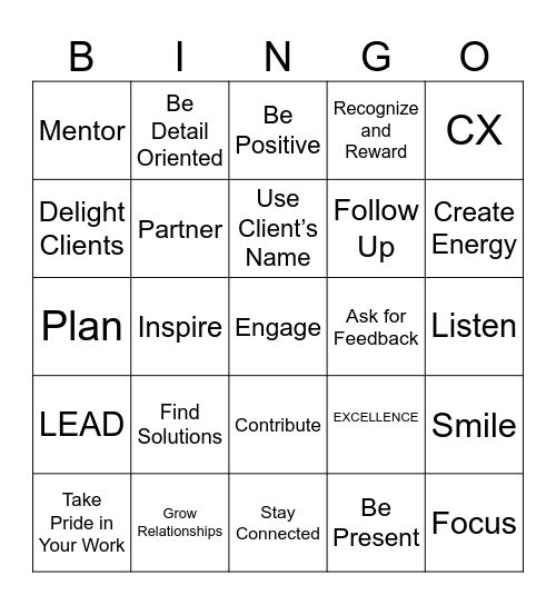 EXCELLENCE Bingo Card