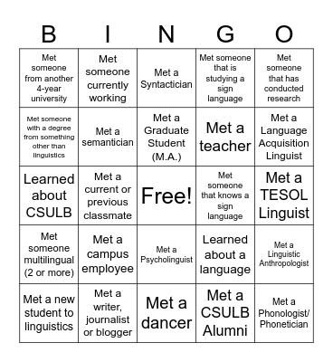 Linguistics Student Association General Meeting Bingo Card