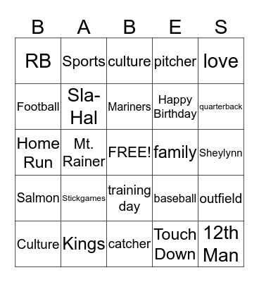 Babe's Birthday Bingo Card