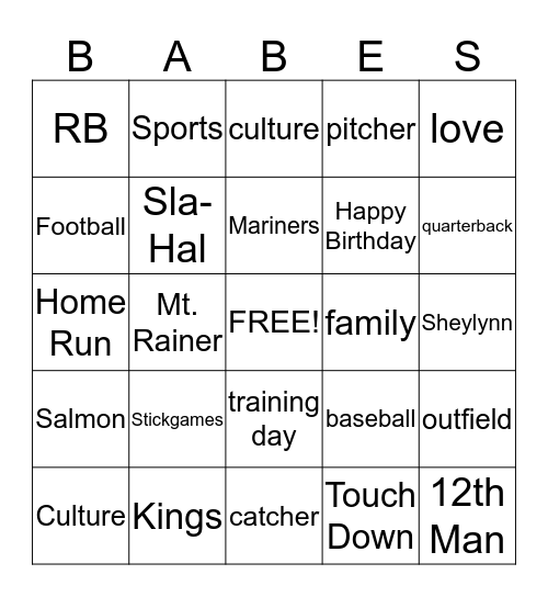 Babe's Birthday Bingo Card