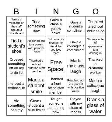 Positive Actions Bingo Card