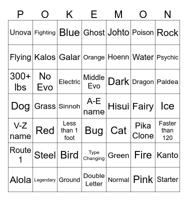 Random Pokemon Bingo Card