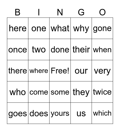 OG Level 2 Sight Word Bingo Card
