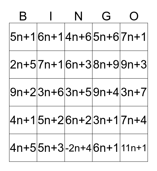 nth term Bingo Card