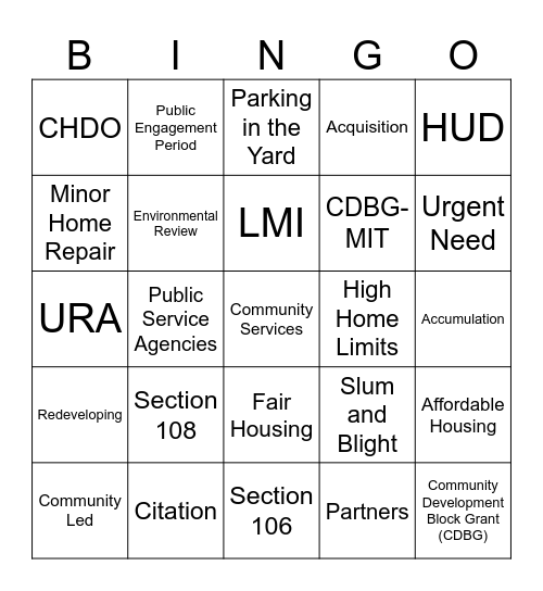 Community Services Bingo Card