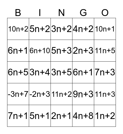 nth term Bingo Card