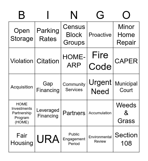 Community Services Bingo Card