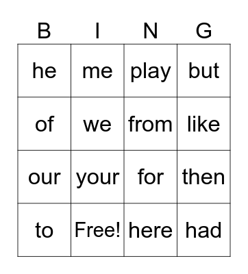 Sight Words Bingo Card