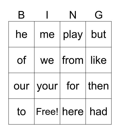 Sight Words Bingo Card