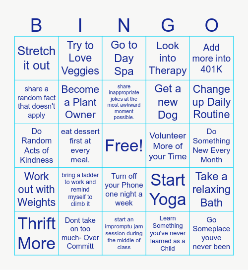 New Years Resolutions Bingo Card