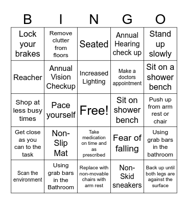 Fall Prevention Bingo Card