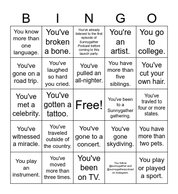 Sunnygather Bingo Card