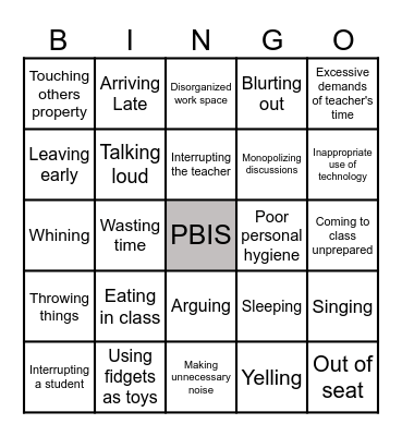 Disruption Bingo Card