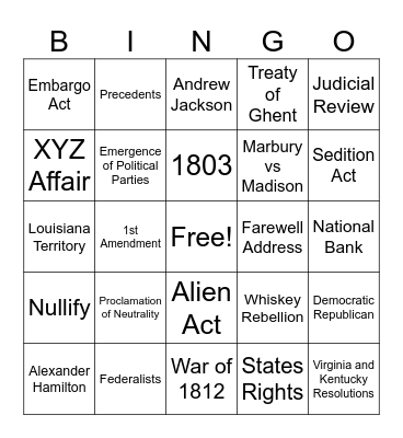 Early Republic Review Bingo Card