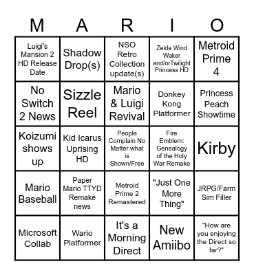 Nintendo Direct February 2024 Bingo Card