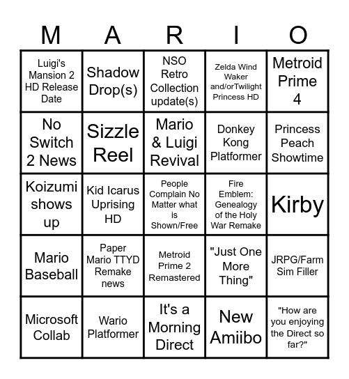 Nintendo Direct February 2024 Bingo Card