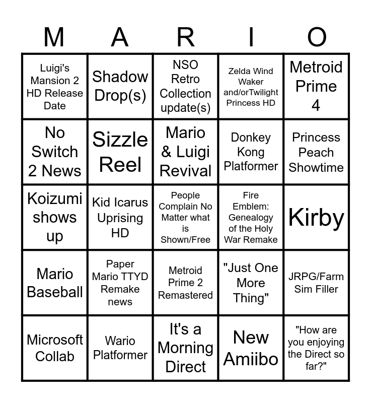 Nintendo Direct February 2024 Bingo Card