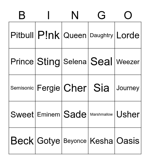 One Name Band Bingo Card