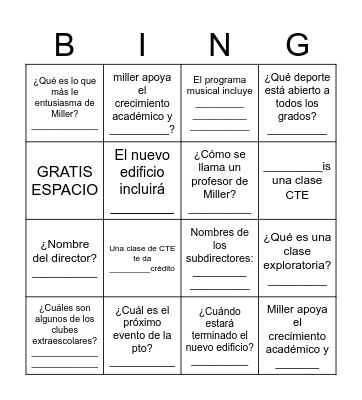 MILLER MIDDLE SCHOOL Bingo Card