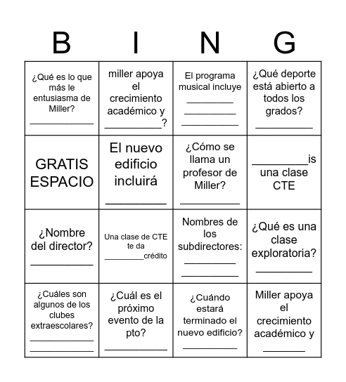 MILLER MIDDLE SCHOOL Bingo Card