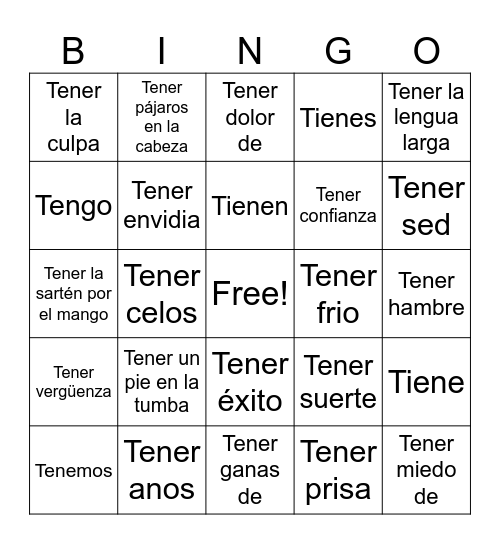 Idioms & the verb TENER Bingo Card
